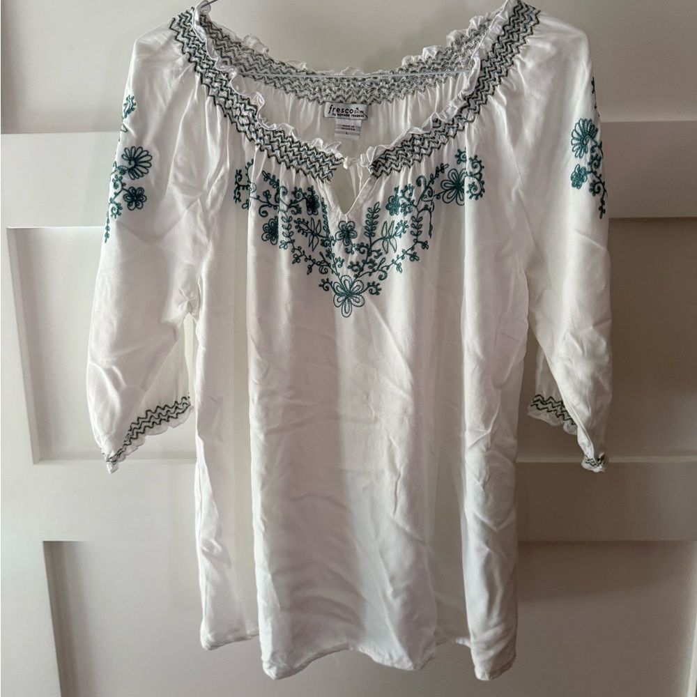 Nomadic Traders White Tunic with Teal Floral Embroidery